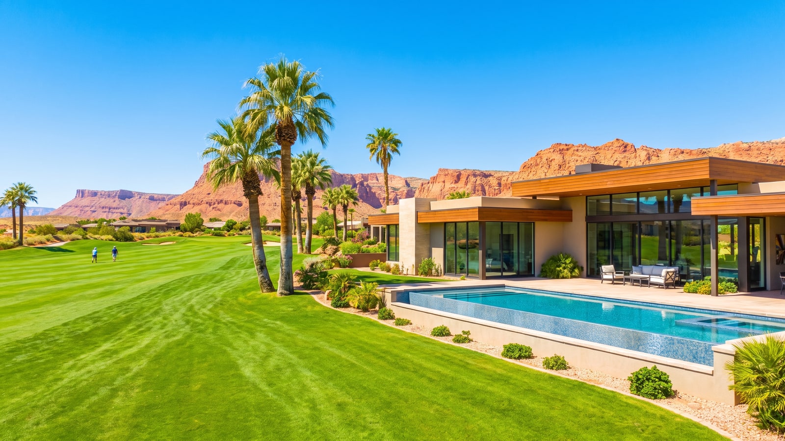 Contemporary single-story home in a Mesquite Nevada desert golf community with green fairway, palm trees, and red rock mesas