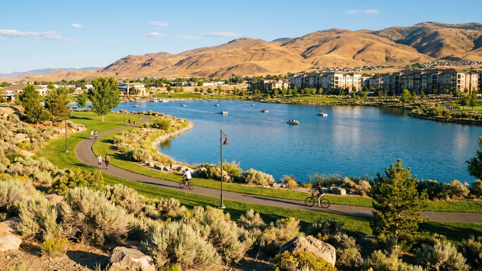 Sparks Marina park and lake in Sparks Nevada with surrounding neighborhoods and mountains